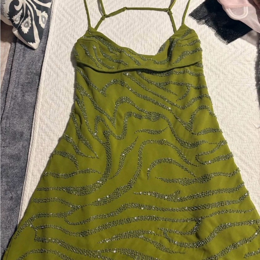 Oh Polly Olive Green Beaded Mini Dress